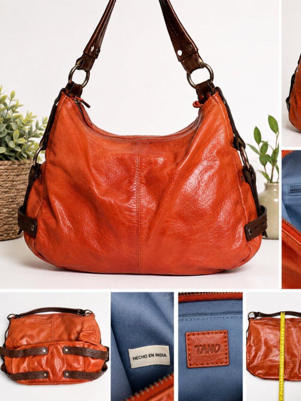 Tano Leather Slouchy Hobo Bag Salmon With Brown Leather Accents